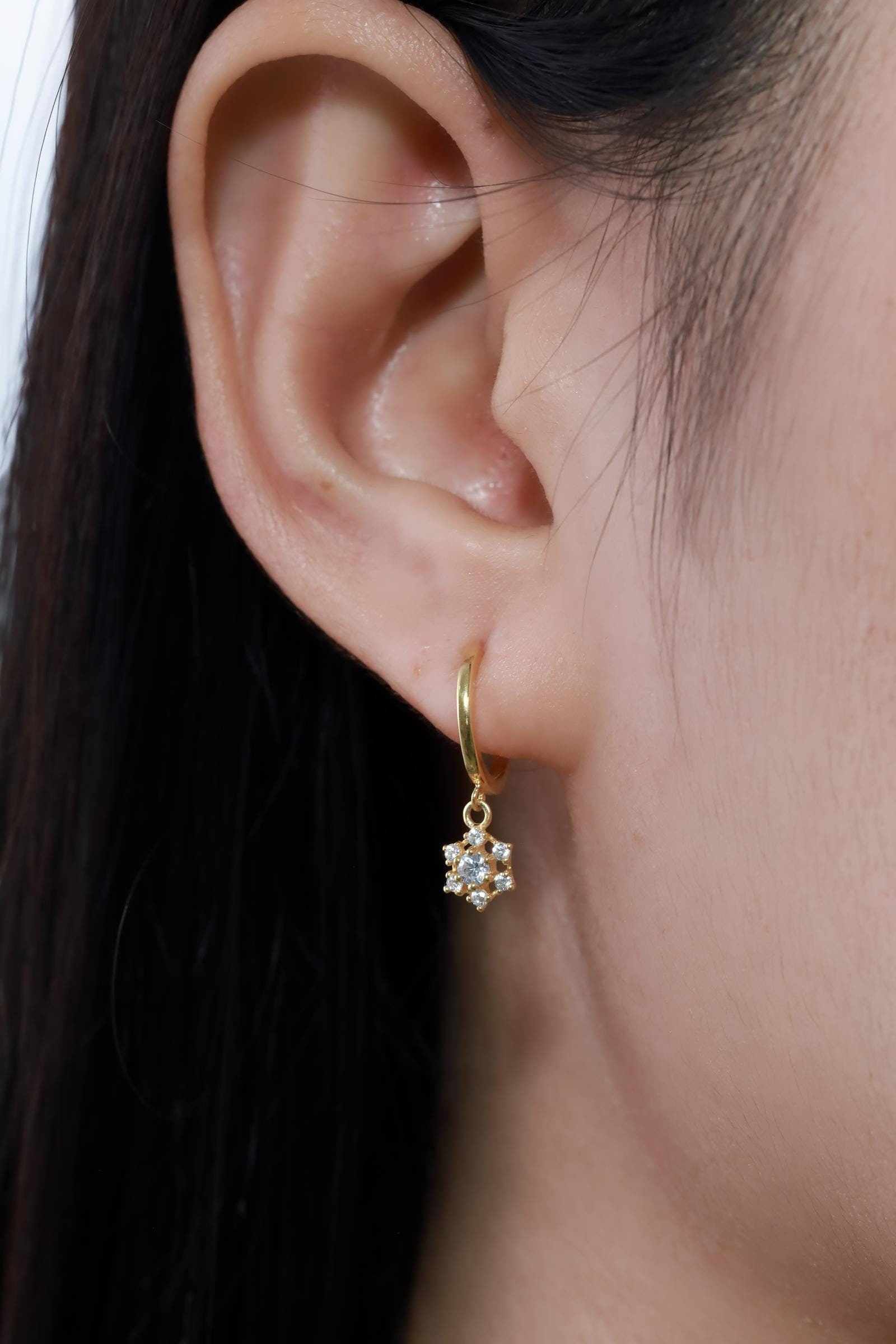 Snowflake Hoop Earrings, Dainty Diamond Hoop Earrings, Snowflake Earrings Gift for Her, Christmas Gift